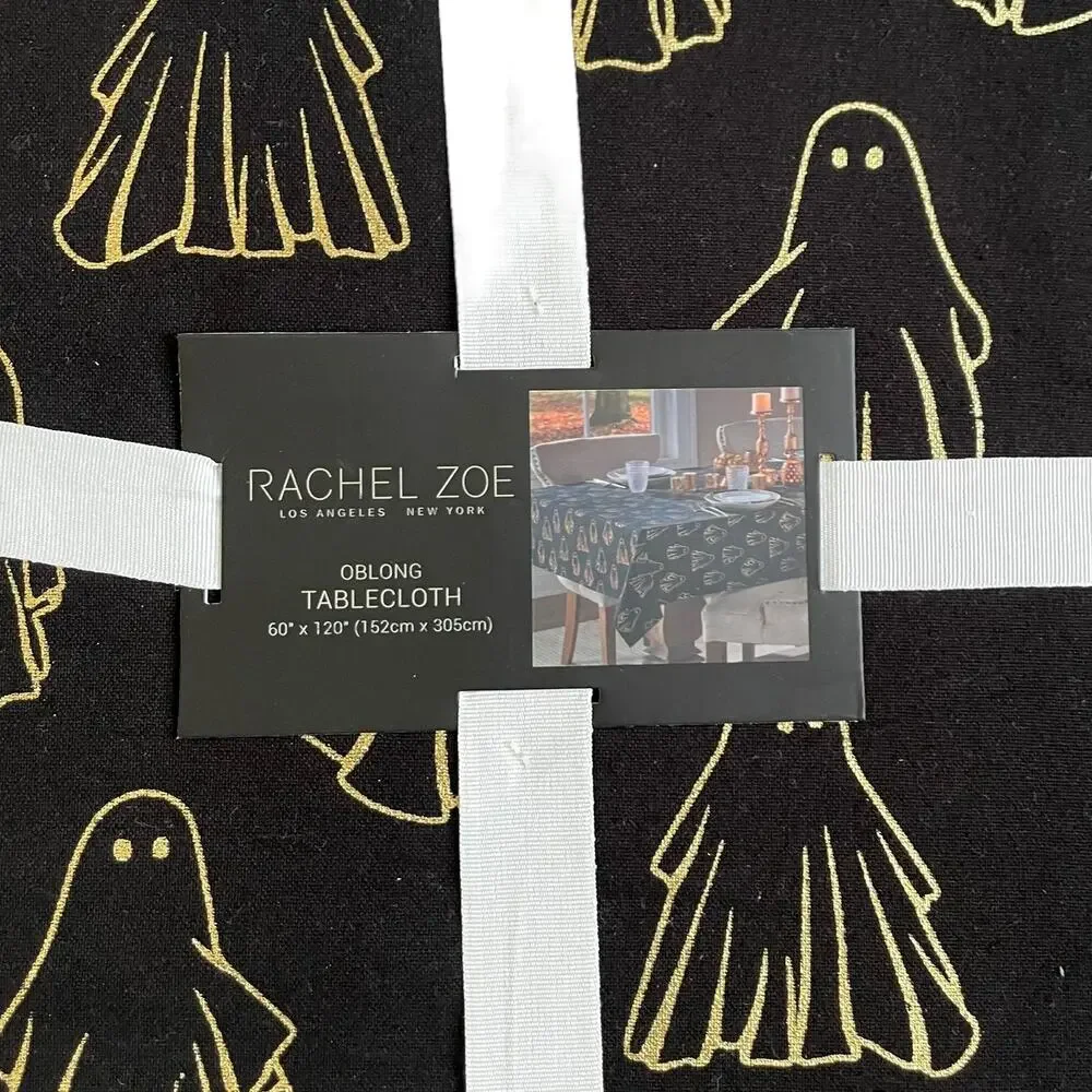 Rachel Zoe HALLOWEEN GHOST Tablecloth 60x120 Oblong Cotton Black & Gold NEW